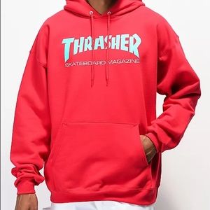 Red thrasher hoodie blue logo